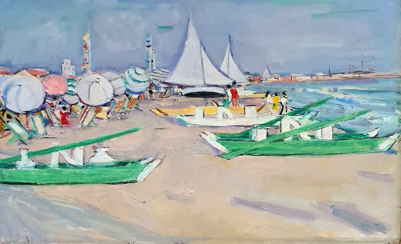 Moses Levy “Spiaggia di Viareggio con barche e ombrelloni”