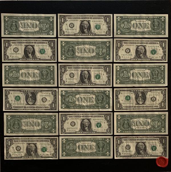 Roberta Bissoli Tecnica mista colore acrilico nero su tela con applicazioni di banconote americane 1$. Illuminando l Asta n.16 | Gigarte