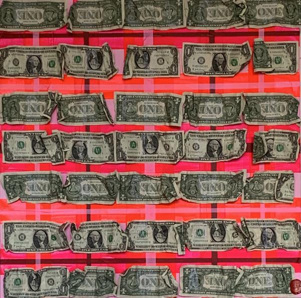 Roberta Bissoli Tecnica mista colore acrilico fluo rosso e fuxia su tela con applicazione di banconote da 1 USD Con  Asta n.11 | Gigarte