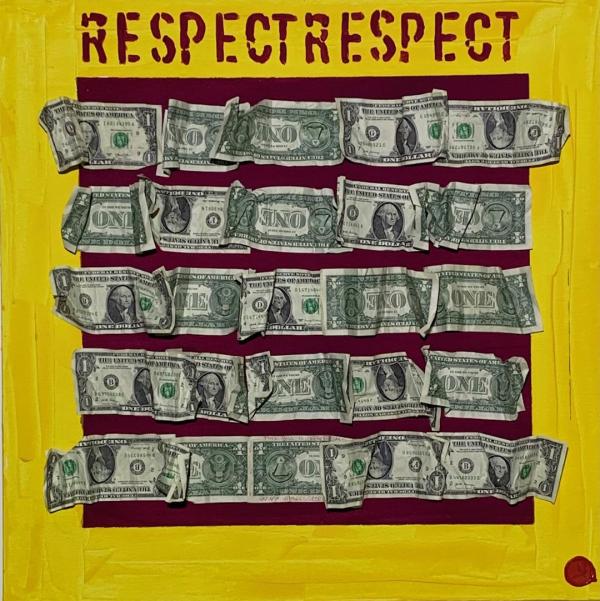 Roberta Bissoli Tecnica mista con colore acrilico giallo e rosso su tela con applicazione di banconote da 1 $ - Con  Asta n.15 | Gigarte
