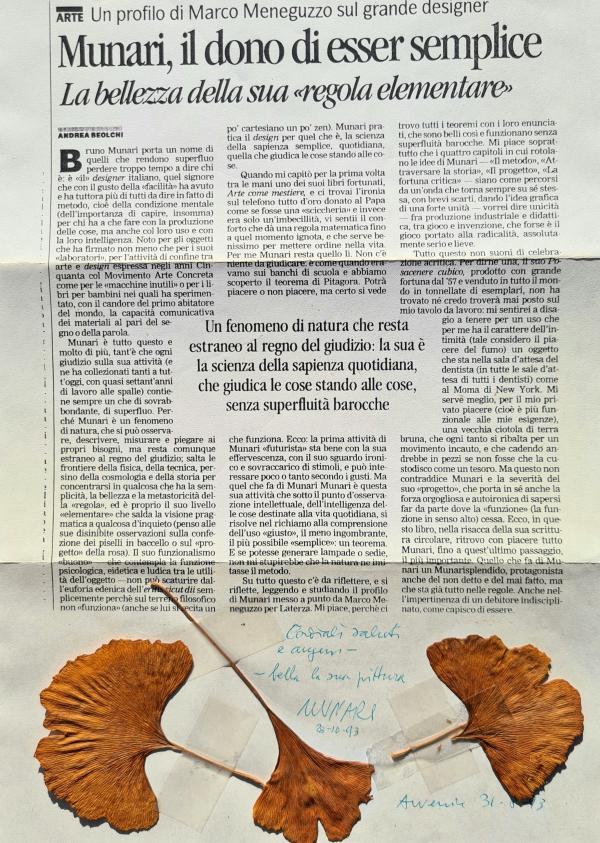 Bruno Munari Articolo con collage di foglie secche con dedica e firma autografa Asta n.16 | Gigarte