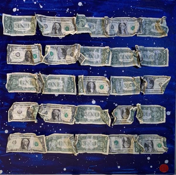 Roberta Bissoli Tecnica mista con colore acrilico blu scuro e nero su tela con applicazione di banconote americane Asta n.17 | Gigarte