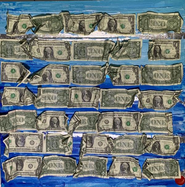 Roberta Bissoli Colore acrilico blu con applicazione di foglie d'argento e banconote americane 1 USD con luce ultrav Asta n.20 | Gigarte