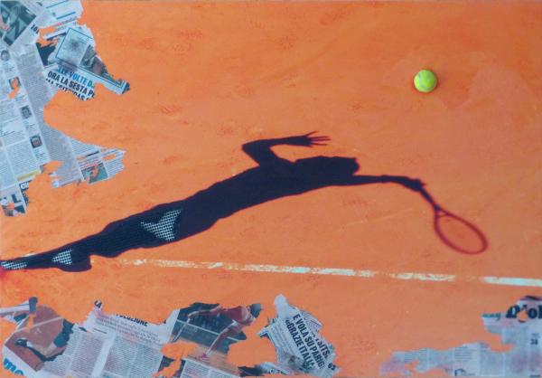 Fernando Tam Collage carta di giornale, rete PVC e pallina da tennis Asta n.20 | Gigarte