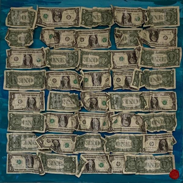 Roberta Bissoli Colore acrilico azzurro, blue e verde con applicazione di banconote americane 1$ - Con luce ultravioletta appaiono scritte con colore fotosensibile verde Asta n.21 | Gigarte