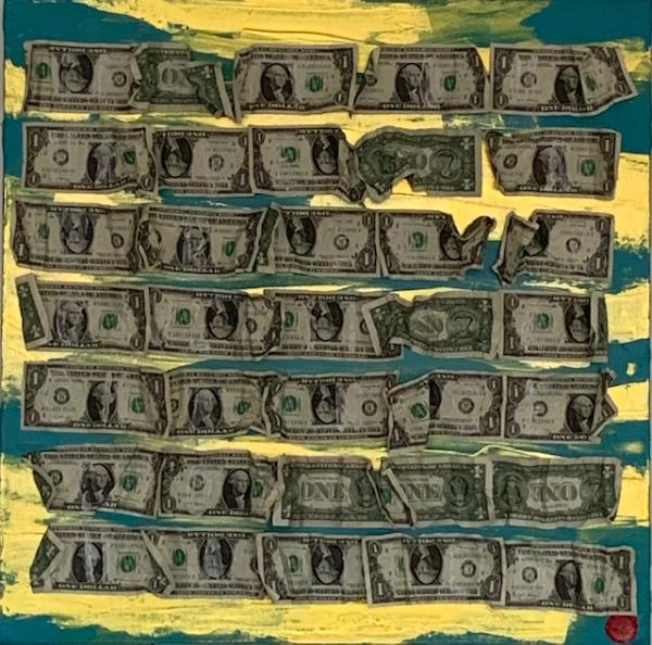 Roberta Bissoli Tecnica mista colore acrilico azzurro ed oro con applicazione di banconote americane 1$ - Con luce ultravioletta appaiono scritte con colore fotosensibile verde Asta n.22 | Gigarte
