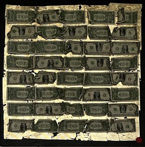 Roberta Bissoli Colore acrilico nero con applicazione di foglie d'oro e banconote americane 1USD - Con luce ultravioletta appaiono scritte con colore fotosensibile verde Asta n.24 | Gigarte