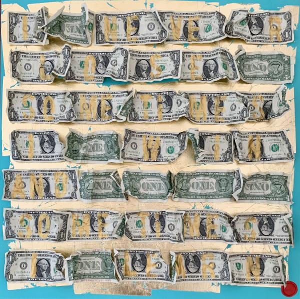Roberta Bissoli Colore acrilico Tiffany su tela con applicazione di foglia d'oro e banconote americane da 1 USD con scritta colore oro Asta n.30 | Gigarte