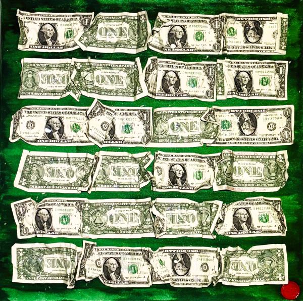 Roberta Bissoli Tecnica mista colore acrilico verde petrolio con applicazione di banconote americane 1USD con scritte fotosensibili trasparenti verdi Asta n.38 | Gigarte